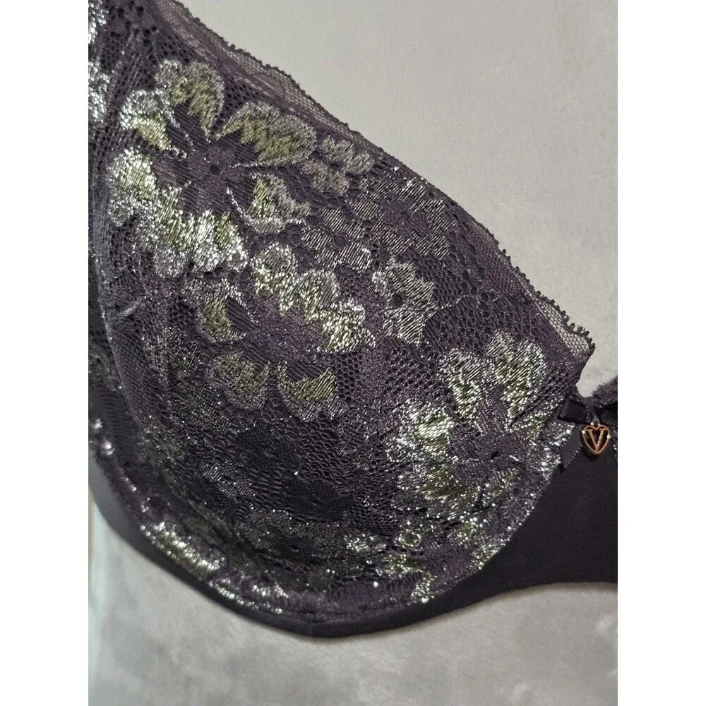 Victoria Secret Body Dark Purple Silver floral Lace Bra Size 34DD